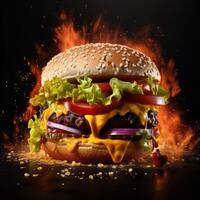 Fastfood burger with yellow cheese, Bacon burger with beef, Juicy hamburger on black background, photo
