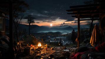 Beautiful landscape view with mountain and a man standing behind the scene, photo