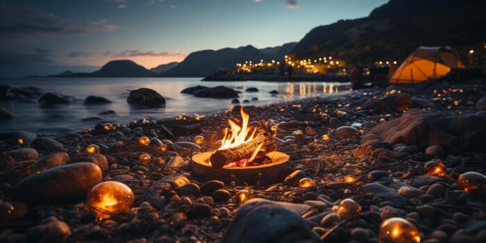 Fire flames close to the beach at evening, photo