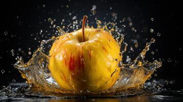 Yellow apple with water splash, fresh apple, photo