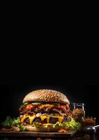 Front view tasty meat burger with cheese and salad on dark background, Generative AI photo