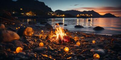 Campfire at night in a lake, camping closer to the water, photo