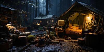 Camping in the forest at dark night, photo