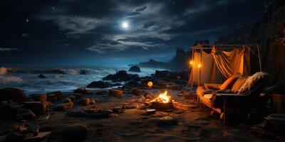 Night camping with fire at sea shore with fire, photo