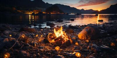 Fire woods closer to the water in the evening, photo