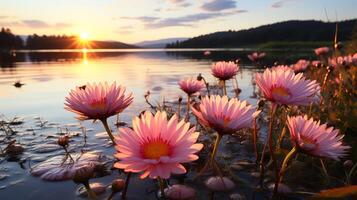 Landscape nature background with rose flowers with mountains. photo