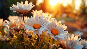 White set of flowers on the trees with sunset. photo