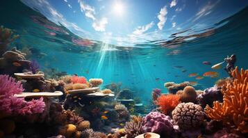 Underwater fish and hard corals on a blue or Ocean coral reef system, photo