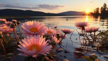 Pink gerberas flowers close to the water with mountains. photo