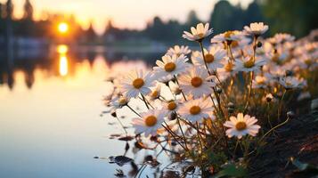 White daisy set of flowers beside the lake filled with sunset. photo
