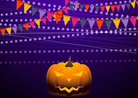 Violeta antecedentes con fiesta banderas y Jack-o-lantern calabaza vector