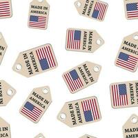 Hang tag made in America sticker with flag seamless pattern background. Business flat vector illustration. Made in America sign symbol pattern.