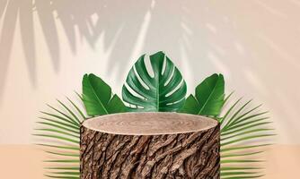 Round big wooden stand for product display with green tropical leaves photo