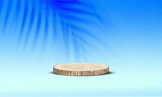 Round wood slice podium for product display, product showcase wooden stand with leaves photo
