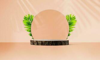 Round wood slice podium for product display, product showcase wooden stand with leaves photo