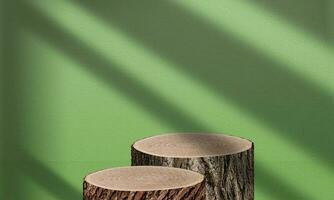 Round big wooden stand for product display with green tropical leaves photo