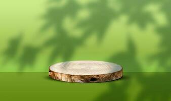 Round big wooden stand for product display with green tropical leaves photo