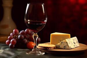 Wine, cheeses and grapes photo