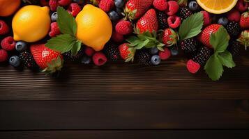 Cool summer fruits on a wood banner background. Copy space. Created with Generative AI photo