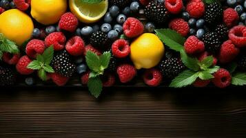 Cool summer fruits on a wood banner background. Copy space. Created with Generative AI photo