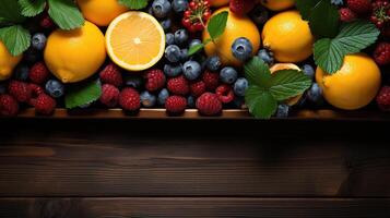 Cool summer fruits on a wood banner background. Copy space. Created with Generative AI photo