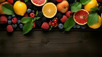 frio verano frutas en un madera bandera antecedentes. Copiar espacio. creado con generativo ai foto