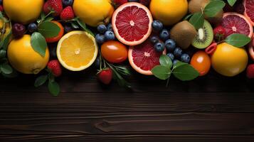 Cool summer fruits on a wood banner background. Copy space. Created with Generative AI photo