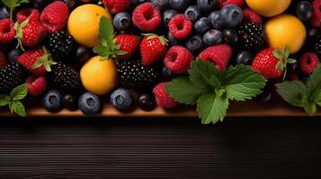 Cool summer fruits on a wood banner background. Copy space. Created with Generative AI photo