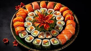 Sushi menú. rodar con salmón, palta, Pepino. japonés alimento. creado con generativo ai foto