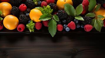 Cool summer fruits on a wood banner background. Copy space. Created with Generative AI photo