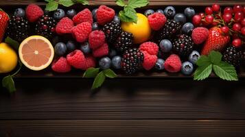 Cool summer fruits on a wood banner background. Copy space. Created with Generative AI photo