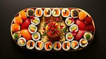 Sushi menu. Roll with salmon, avocado, cucumber. Japanese food. Created with Generative AI photo