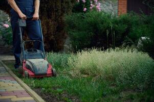 Focus on electric lawn mower and male gardener mowing green grass, maintaining the lawn in the courtyard of a mansion. photo