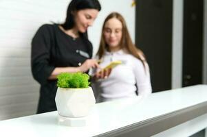 A white pot with moss on counter over blurred background of a receptionist and doctor dentist in front of reception desk photo