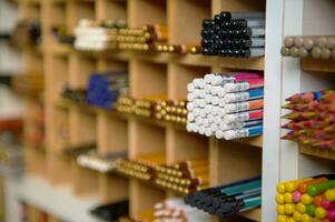 Selective focus on an assortment of graphite pencils in different softness displayed for sale in office supply store photo