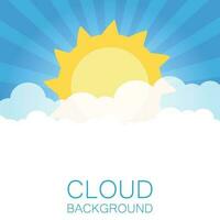 Clouds in the sky with sun rays. Flat vector illustration in cartoon style. Blue colorful background.