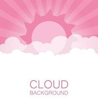 Clouds in the sky with sun rays. Flat vector illustration in cartoon style. Pink colorful sunset background.