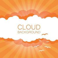 Clouds in the sky with sun rays. Flat vector illustration in cartoon style. Orange colorful sunset background.