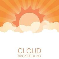 Clouds in the sky with sun rays. Flat vector illustration in cartoon style. Orange colorful sunset background.