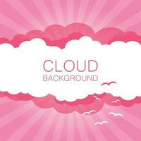 Clouds in the sky with sun rays. Flat vector illustration in cartoon style. Pink colorful sunset background.