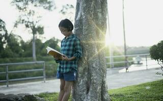 Children reading books at park against trees and meadow in the park photo