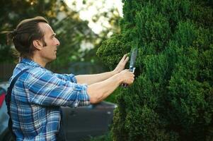 Competent gardener landscaper in gardening uniform, cutting bushes trimming shrubs, tending plants and trees on the yard photo