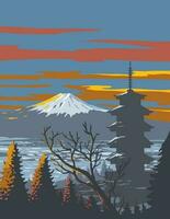 Mount Fuji and Pagoda in Winter Honshu Japan WPA Art Deco Poster vector