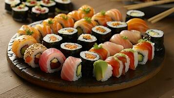 Sushi menú. rodar con salmón, palta, Pepino. japonés alimento. creado con generativo ai foto