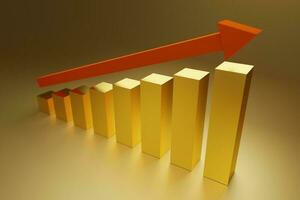 3D Render of golden bar graph growth and up arrow photo