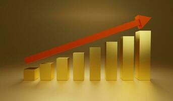 3D Render of golden bar graph growth and up arrow photo