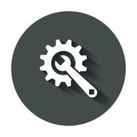 Service tools flat vector icon. Cogwheel with wrench symbol logo illustration on black round background with long shadow.