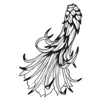 Vector cactus flower with leaves, side view. Black and white outline illustration of Epiphyllum or dragon fruit flower line graphic. Tropical exotic flora