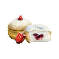 Delicious Hanukkah donuts with red dreidel. Hand drawn watercolor vector illustration. Jewish sufganiyot and savivon