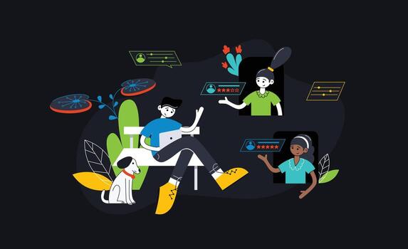 Feedback illustration set. Characters filling survey form, giving positive feedback and filing checklist on smartphone and computer. User experiences concept. Vector illustration.